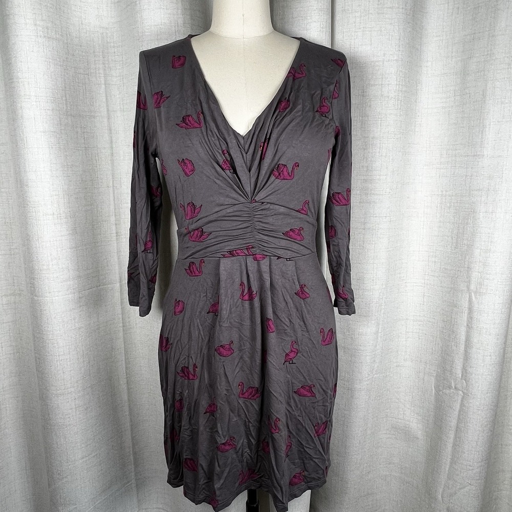 Boden Marion Tunic Jersey Dress Womens 6 Grey Pink Swan Print 3/4 Sleeved